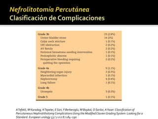 A Tefekli, M Karadag, K Tepeler, E Sari, Y Berberoglu, M Baykal, O Sarilar, A Yaser. Classification of 
Percutaneous Nephrolithotomy Complications Using the Modified ClavienGrading System: Looking for a 
Standard. European urology 53 ( 2 0 0 8 ) 184–190 
 
