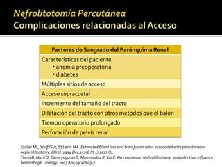 Factores de Sangrado del Parénquima Renal 
Características del paciente 
• anemia preoperatoria 
• diabetes 
Múltiples sitios de acceso 
Acceso supracostal 
Incremento del tamaño del tracto 
Dilatación del tracto con otros métodos que el balón 
Tiempo operatorio prolongado 
Perforación de pelvis renal 
StollerML, Wolf JS Jr, St Lezin MA. Estimated blood loss and transfusion rates associated with percutaneous 
nephrolithotomy. J Urol. 1994 Dec;152(6 Pt 1):1977-81. 
Turna B, Nazli O, Demiryoguran S, Mammadov R, Cal C. Percutaneous nephrolithotomy: variables that influence 
hemorrhage. Urology. 2007 Apr;69(4):603-7. 
 