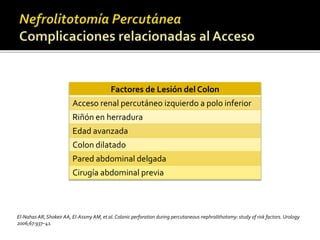 Factores de Lesión del Colon 
Acceso renal percutáneo izquierdo a polo inferior 
Riñón en herradura 
Edad avanzada 
Colon dilatado 
Pared abdominal delgada 
Cirugía abdominal previa 
El-Nahas AR, Shokeir AA, El-Assmy AM, et al. Colonic perforation during percutaneous nephrolithotomy: study of risk factors. Urology 
2006;67:937–41. 
 