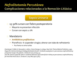 Sepsis Urinaria 
15-30% cursan con fiebre postoperatoria 
 Mayoría no presentan infección 
 Cursan con sepsis 1-2% 
Mandatorio 
 Antibióticos profilácticos 
 Pionefrosis → suspender cirugía y drenar con tubo de nefrostomía 
▪ Pus franca vs orina turbia 
Eisenberger F, Miller K, Rassweiler J, editors. Stone therapy in urology. New York: Thieme Medical Publishers; 1991. 
DoganHS, SahinA,CetinkayaY,AkdoganB,OzdenE,Kendi S. Antibiotic prophylaxis in percutaneous nephrolithotomy: 
prospective study in 81 patients. J Endourol 2002;16:649–53. 
Aron M, Goel R, Gupta NP, Seth A. Incidental detection of purulent fluid in kidney at percutaneous nephrolithotomy 
for branched renal calculi. J Endourol. 2005 Mar;19(2):136-9. 
 