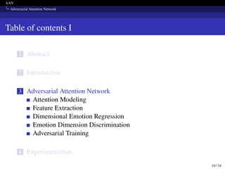 AAN
Adversarial Attention Network
Table of contents I
1 Abstract
2 Introduction
3 Adversarial Attention Network
Attention Modeling
Feature Extraction
Dimensional Emotion Regression
Emotion Dimension Discrimination
Adversarial Training
4 Experimentation
10 / 34
 