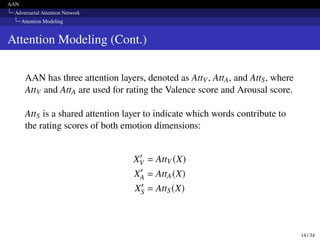 AAN
Adversarial Attention Network
Attention Modeling
Attention Modeling (Cont.)
AAN has three attention layers, denoted as AttV, AttA, and AttS, where
AttV and AttA are used for rating the Valence score and Arousal score.
AttS is a shared attention layer to indicate which words contribute to
the rating scores of both emotion dimensions:
X′
V = AttV (X)
X′
A = AttA(X)
X′
S = AttS(X)
14 / 34
 