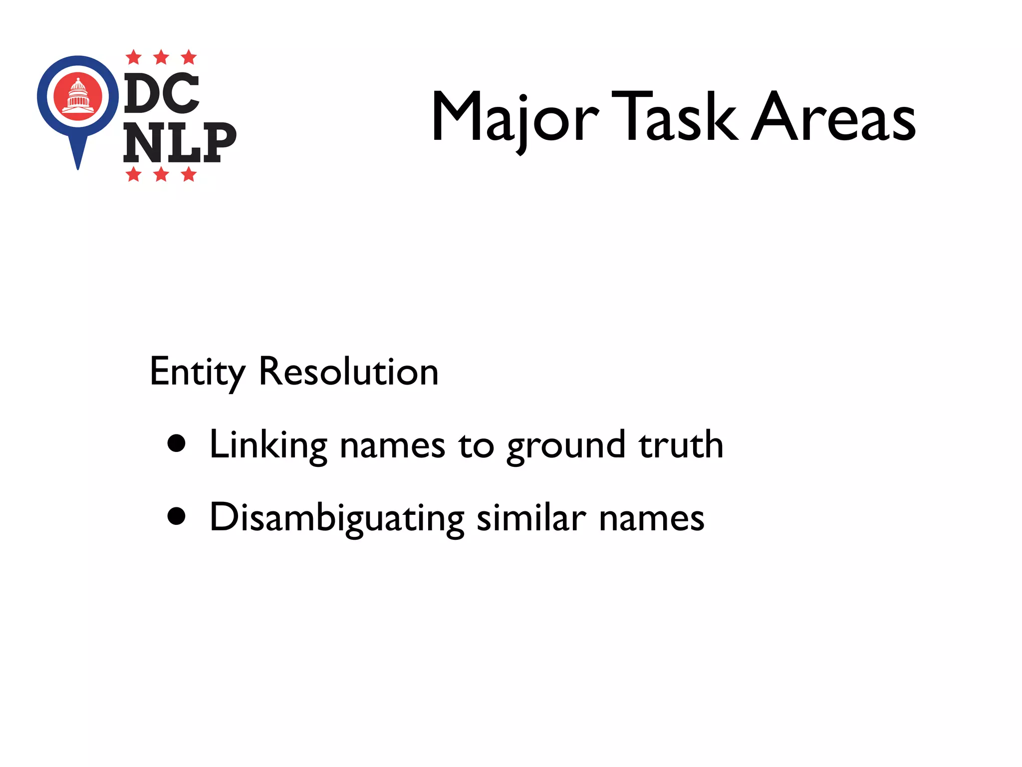 Major Task Areas
Entity Resolution
• Linking names to ground truth
• Disambiguating similar names
 