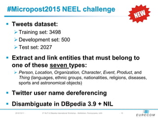 #Micropost2015 NEEL challenge
§ Tweets dataset:
Ø Training set: 3498
Ø Development set: 500
Ø Test set: 2027
§ Extract and...