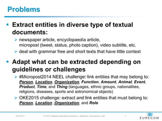 § Extract entities in diverse type of textual documents:
Ø newspaper article, encyclopaedia article,
micropost (tweet, sta...
