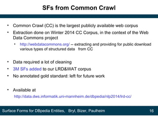 SFs from Common Crawl
• Common Crawl (CC) is the largest publicly available web corpus
• Extraction done on Winter 2014 CC Corpus, in the context of the Web
Data Commons project
• http://webdatacommons.org/ -- extracting and providing for public download
various types of structured data from CC
• Data required a lot of cleaning
• 3M SFs added to our LRD&WAT corpus
• No annotated gold standard: left for future work
• Available at
http://data.dws.informatik.uni-mannheim.de/dbpedia/nlp2014/lrd-cc/
16Surface Forms for DBpedia Entities, Bryl, Bizer, Paulheim
 