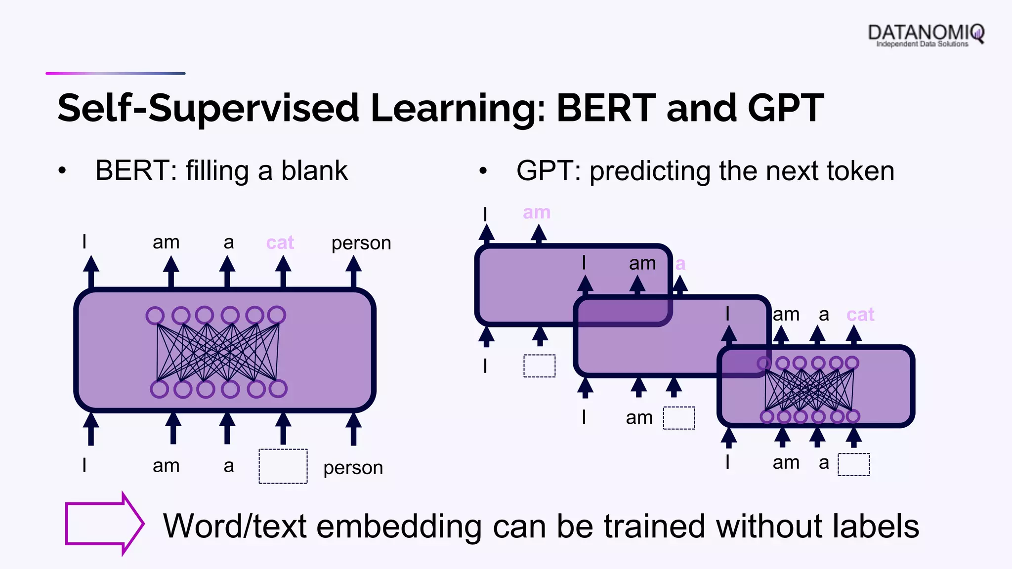 Self-Supervised Learning: BERT and GPT
• BERT: filling a blank • GPT: predicting the next token
Word/text embedding can be trained without labels
I am a person
I am a cat person
I
I am
I am
I am a
I am a
I am a cat
 