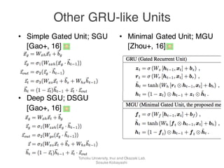• Minimal Gated Unit; MGU
[Zhou+, 16]
Other GRU-like Units
• Simple Gated Unit; SGU
[Gao+, 16]
• Deep SGU; DSGU
[Gao+, 16]
Tohoku University, Inui and Okazaki Lab.
Sosuke Kobayashi
 