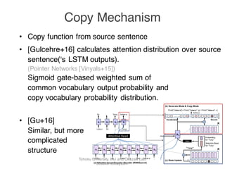 • Copy function from source sentence
• [Gulcehre+16] calculates attention distribution over source
sentence(‘s LSTM outputs).
(Pointer Networks [Vinyals+15])
Sigmoid gate-based weighted sum of
common vocabulary output probability and
copy vocabulary probability distribution.
• [Gu+16]
Similar, but more
complicated
structure
Copy Mechanism
hello , my name is Tony Jebara .
Attentive	Read
hi , Tony Jebara
<eos> hi , Tony
h1 h2 h3 h4 h5
s1 s2 s3 s4
h6 h7 h8
“Tony”
DNN
Embedding
for “Tony”
Selective Read
for “Tony”
(a) Attention-based Encoder-Decoder (RNNSearch)
(c) State Update
s4
SourceVocabulary
Softmax
Prob(“Jebara”)=Prob(“Jebara”, g) +Prob(“Jebara”, c)
… ...
(b) Generate-Mode & Copy-Mode
!
M
M
Tohoku University, Inui and Okazaki Lab.
Sosuke Kobayashi
 