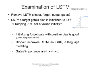 • Remove LSTM’s input, forget, output gates?
• LSTM’s forget gate’s bias is initialized to +1?
≒ Keeping 73% cell’s values initially?
• Initializing forget gate with positive bias is good
([Gers+2000] also said so.)
• Dropout improves LSTM, not GRU, in language
modeling
• Gates’ importance are f >> i > o.
Examination of LSTM [Jozefowicz+15]
Tohoku University, Inui and Okazaki Lab.
Sosuke Kobayashi
 