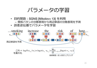 パラメータの学習
•  ⽬目的関数：SGNS [Mikolov+ 13]  を利利⽤用
–  関係パタンの分散表現から周辺単語の分散表現を予測
•  誤差逆伝播でパラメータを学習
23
…smoking increase the risk of lung…
logP(wt+j | wt ) ≈ logσ (vwt
⋅uwt+j
)+ Εz~Pn (w)
i=1
k
∑ [logσ (−vwt
⋅uz )]
負例例単語  z を k 回サンプリング
周辺単語を予測 vwt
uwt+1
uw−1
 　これ→
を最⼤大化
 