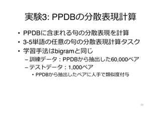 実験3: PPDBの分散表現計算
•  PPDBに含まれる句句の分散表現を計算
•  ⻑⾧長さ5単語までの任意の句句の分散表現計算
タスク
•  学習⼿手法はbigramと同じ
– 訓練データ：PPDBから抽出した60,000ペア
– テストデータ：1,000ペア
•  PPDBから抽出したペアに⼈人⼿手で類似度度付与
33
 