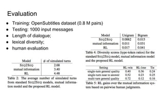 Evaluation
● Training: OpenSubtitles dataset (0.8 M pairs)
● Testing: 1000 input messages
● Length of dialogue;
● lexical diversity;
● human evaluation
 