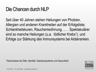 15.04.2015 Dr. Ute Hillmer www.better-reality.com
DieChancendurchNLP
Seit über 40 Jahren stehen Heilungen von Phobien,
Allergien und anderen Krankheiten auf der Erfolgsliste;
Schlankheitskuren, Rauchentwöhnung, … . Spektakulärer
sind so manche Heilungen (u.a. tödlicher Krebs1). und
Erfolge zur Stärkung des Immunsystems bei Aidskranken.
1 Nachzulesen bei Dilts: Identität, Glaubenssysteme und Gesundheit
 