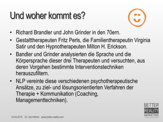15.04.2015 Dr. Ute Hillmer www.better-reality.com
Und woher kommt es?
• Richard Brandler und John Grinder in den 70ern.
• Gestalttherapeuten Fritz Perls, die Familientherapeutin Virginia
Satir und den Hypnotherapeuten Milton H. Erickson.
• Bandler und Grinder analysierten die Sprache und die
Körpersprache dieser drei Therapeuten und versuchten, aus
deren Vorgehen bestimmte Interventionstechniken
herauszufiltern.
• NLP vereinte diese verschiedenen psychotherapeutische
Ansätze, zu ziel- und lösungsorientierten Verfahren der
Therapie + Kommunikation (Coaching,
Managementtechniken).
 
