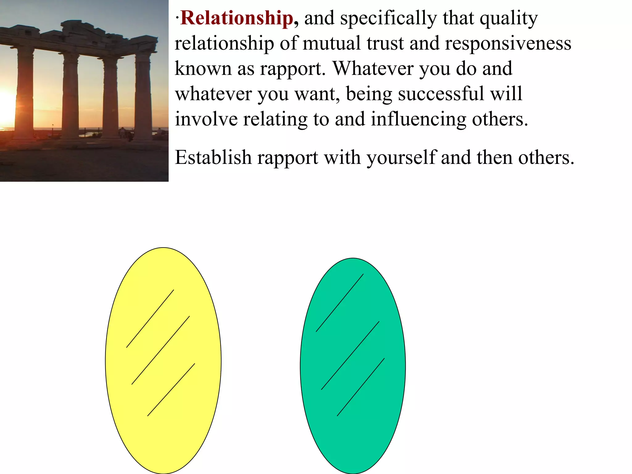 · Relationship ,  and specifically that quality relationship of mutual trust and responsiveness known as  rapport . Whatever you do and whatever you want, being successful will involve relating to and influencing others.  Establish rapport with yourself and then others. 