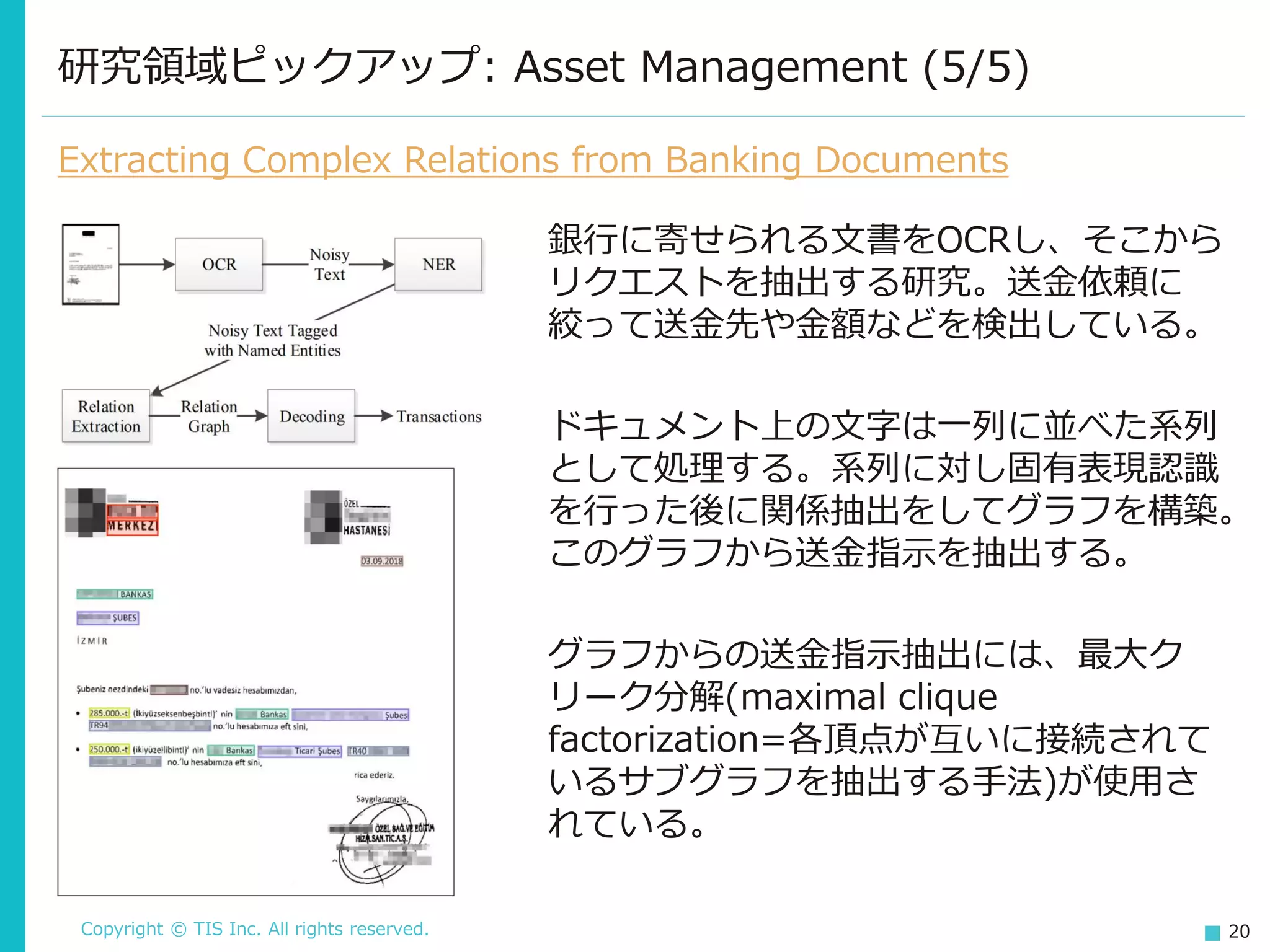 Copyright © TIS Inc. All rights reserved. 20
研究領域ピックアップ: Asset Management (5/5)
Extracting Complex Relations from Banking Documents
銀行に寄せられる文書をOCRし、そこから
リクエストを抽出する研究。送金依頼に
絞って送金先や金額などを検出している。
ドキュメント上の文字は一列に並べた系列
として処理する。系列に対し固有表現認識
を行った後に関係抽出をしてグラフを構築。
このグラフから送金指示を抽出する。
グラフからの送金指示抽出には、最大ク
リーク分解(maximal clique
factorization=各頂点が互いに接続されて
いるサブグラフを抽出する手法)が使用さ
れている。
 
