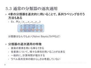 5.3 ͨηm
?   4¤ηεĤä뤳ȤǡϵХ٥󥰤Ф
    ⤢
    ?   Ex. P ( y j | x j ?1 , x j , x j +1 y j ?1 )




    ϤʤǤ褤(Na?ve Bayes/SVMʤɣ


?   mä؏
    ?   ֱҪؤä¤Ǥ
    ?   ҪؤˤĤơԤä뤳Ȥ
    ?   һĤˡӋrg󤹤
    ?   ٥ϵȫδ_餷Ͽ]Ƥʤ
 