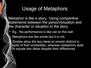 Usage of Metaphors

Metophor is like a story. Using comparitive
statements between the person/situation and
the character or situation in the story.

Eg. His performance is like cat on the wall

Metophors are like simile but it is not.

Similes allow the two ideas to remain distinct in
spite of their similarities, whereas metaphors seek
to equate two ideas despite their differences
 