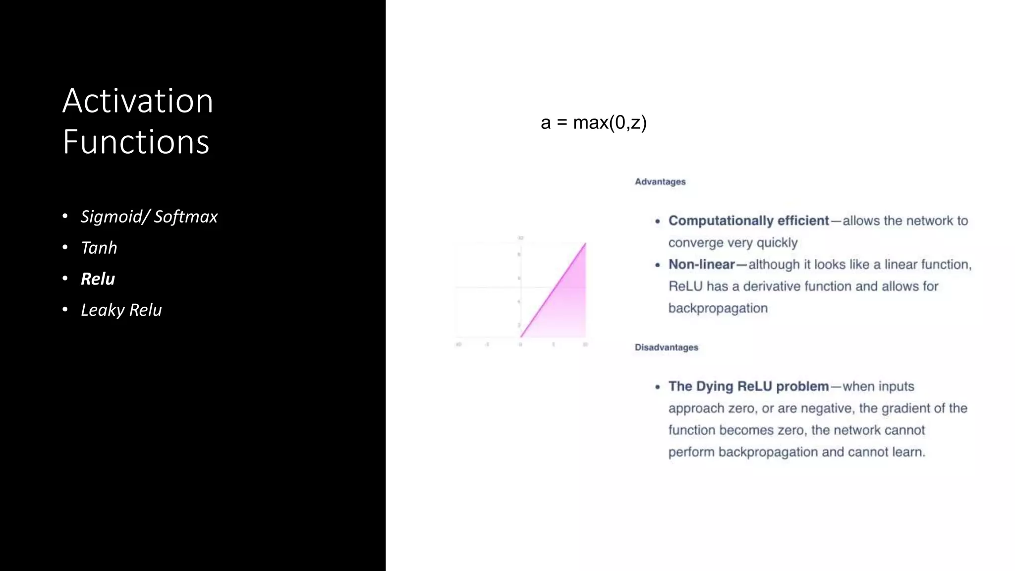 Activation
Functions
• Sigmoid/ Softmax
• Tanh
• Relu
• Leaky Relu
a = max(0,z)
 