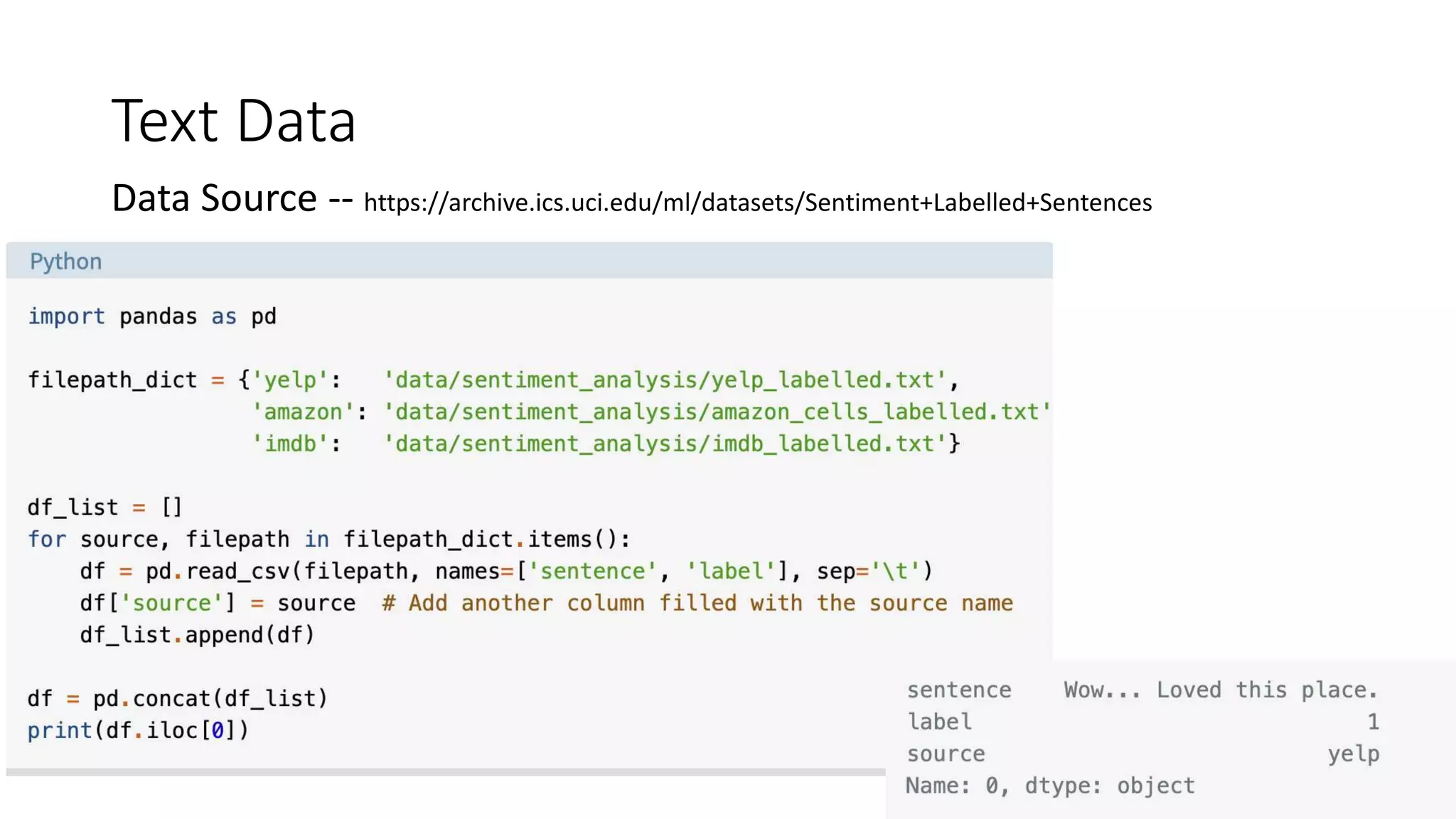 Text Data
Data Source -- https://archive.ics.uci.edu/ml/datasets/Sentiment+Labelled+Sentences
 