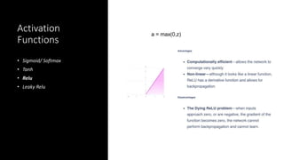 Activation
Functions
• Sigmoid/ Softmax
• Tanh
• Relu
• Leaky Relu
a = max(0,z)
 