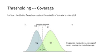 Thresholding --- Coverage
In a binary classification if you choose randomly the probability of belonging to a class is 0.5
0.3
0.7
It is possible improve the percentage of
correct results at the cost of coverage.
 
