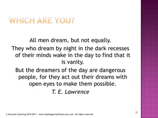 Which are you?All men dream, but not equally.They who dream by night in the dark recesses of their minds wake in the day to find that it is vanity.But the dreamers of the day are dangerous people, for they act out their dreams with open eyes to make them possible.T. E. Lawrence30