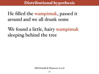 Distributional hypothesis
He ﬁlled the wampimuk, passed it
around and we all drunk some
We found a little, hairy wampimuk
sleeping behind the tree
(McDonald & Ramscar 2001)
30
 