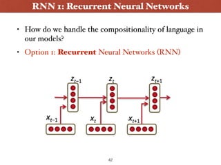 • How do we handle the compositionality of language in
our models?
• Option 1: Recurrent Neural Networks (RNN)
42
RNN 1: Recurrent Neural Networks
 