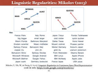 Linguistic Regularities: Mikolov (2013)
code & info: https://code.google.com/p/word2vec/
Mikolov, T., Yih, W., & Zweig, G. (2013). Linguistic Regularities in Continuous Space Word Representations
65
 