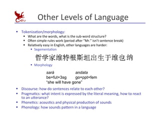 Other	
  Levels	
  of	
  Language	
  
§ TokenizaEon/morphology:	
  
§ What	
  are	
  the	
  words,	
  what	
  is	
  the	
  sub-­‐word	
  structure?	
  
§ O^en	
  simple	
  rules	
  work	
  (period	
  a^er	
  “Mr.”	
  isn’t	
  sentence	
  break)	
  
§ RelaEvely	
  easy	
  in	
  English,	
  other	
  languages	
  are	
  harder:	
  
§ SegementaEon	
  
§ Morphology	
  
§ Discourse:	
  how	
  do	
  sentences	
  relate	
  to	
  each	
  other?	
  
§ PragmaEcs:	
  what	
  intent	
  is	
  expressed	
  by	
  the	
  literal	
  meaning,	
  how	
  to	
  react	
  
to	
  an	
  ujerance?	
  
§ PhoneEcs:	
  acousEcs	
  and	
  physical	
  producEon	
  of	
  sounds	
  
§ Phonology:	
  how	
  sounds	
  pajern	
  in	
  a	
  language	
  
sarà andata
be+fut+3sg go+ppt+fem
“she will have gone”
 
