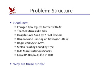 Problem:	
  Structure	
  
§ Headlines:	
  
§ Enraged	
  Cow	
  Injures	
  Farmer	
  with	
  Ax	
  
§ Teacher	
  Strikes	
  Idle	
  Kids	
  
§ Hospitals	
  Are	
  Sued	
  by	
  7	
  Foot	
  Doctors	
  
§ Ban	
  on	
  Nude	
  Dancing	
  on	
  Governor’s	
  Desk	
  
§ Iraqi	
  Head	
  Seeks	
  Arms	
  
§ Stolen	
  PainEng	
  Found	
  by	
  Tree	
  
§ Kids	
  Make	
  NutriEous	
  Snacks	
  
§ Local	
  HS	
  Dropouts	
  Cut	
  in	
  Half	
  
§ Why	
  are	
  these	
  funny?	
  
 