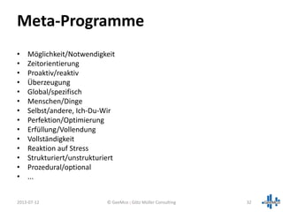 • Möglichkeit/Notwendigkeit
• Zeitorientierung
• Proaktiv/reaktiv
• Überzeugung
• Global/spezifisch
• Menschen/Dinge
• Selbst/andere, Ich-Du-Wir
• Perfektion/Optimierung
• Erfüllung/Vollendung
• Vollständigkeit
• Reaktion auf Stress
• Strukturiert/unstrukturiert
• Prozedural/optional
• ...
2013-07-12 32
Meta-Programme
© GeeMco : Götz Müller Consulting
 