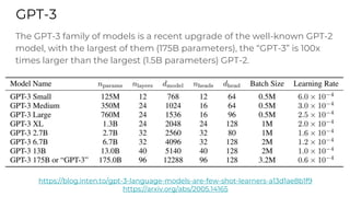 GPT-3
https://blog.inten.to/gpt-3-language-models-are-few-shot-learners-a13d1ae8b1f9
https://arxiv.org/abs/2005.14165
The GPT-3 family of models is a recent upgrade of the well-known GPT-2
model, with the largest of them (175B parameters), the “GPT-3” is 100x
times larger than the largest (1.5B parameters) GPT-2.
 