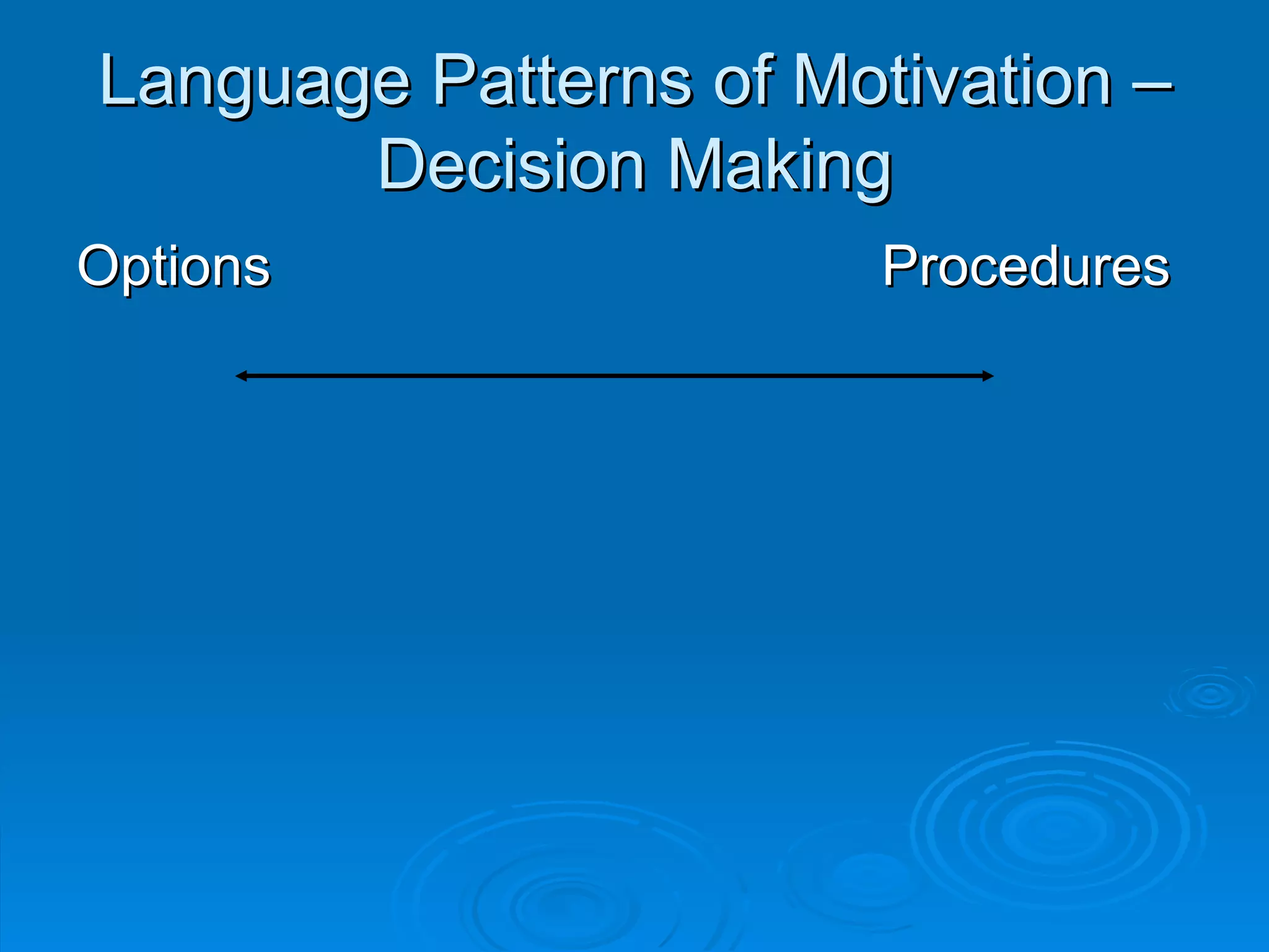 Language Patterns of Motivation –
       Decision Making
Options                 Procedures
 