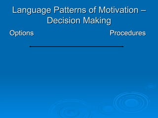 Language Patterns of Motivation –
       Decision Making
Options                 Procedures
 