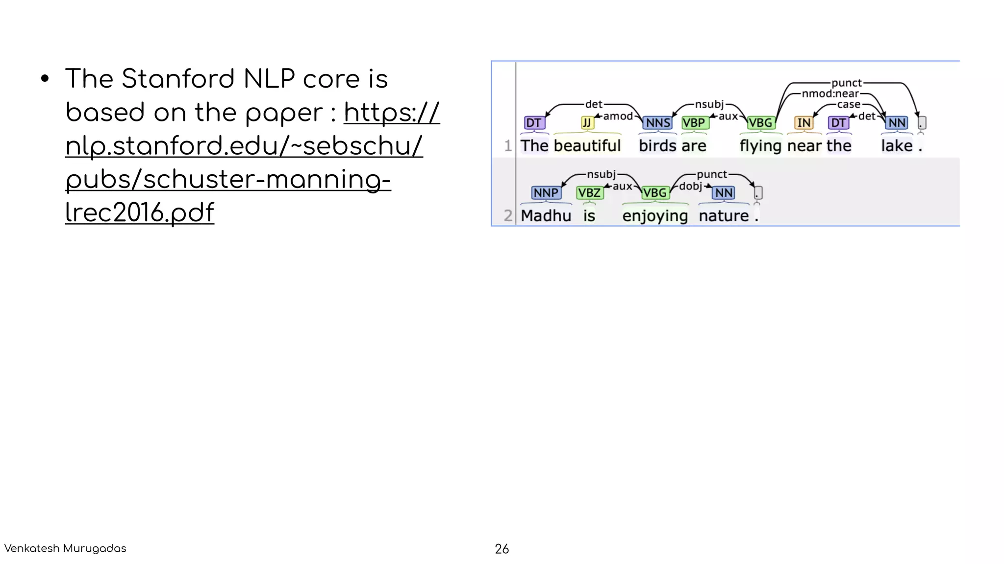 • The Stanford NLP core is
based on the paper : https://
nlp.stanford.edu/~sebschu/
pubs/schuster-manning-
lrec2016.pdf
26Venkatesh Murugadas
 