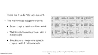 • There are 8 to 45 POS tags present.
• The mainly used tagged corpora :
• Brown corpus - with a million word
• Wall Street Journal corpus - with a
million word
• Switchboard : telephone speech
corpus - with 2 million words
Source: Speech and Language Processing, Daniel Jurafsky and James H. Martin
20Venkatesh Murugadas
 
