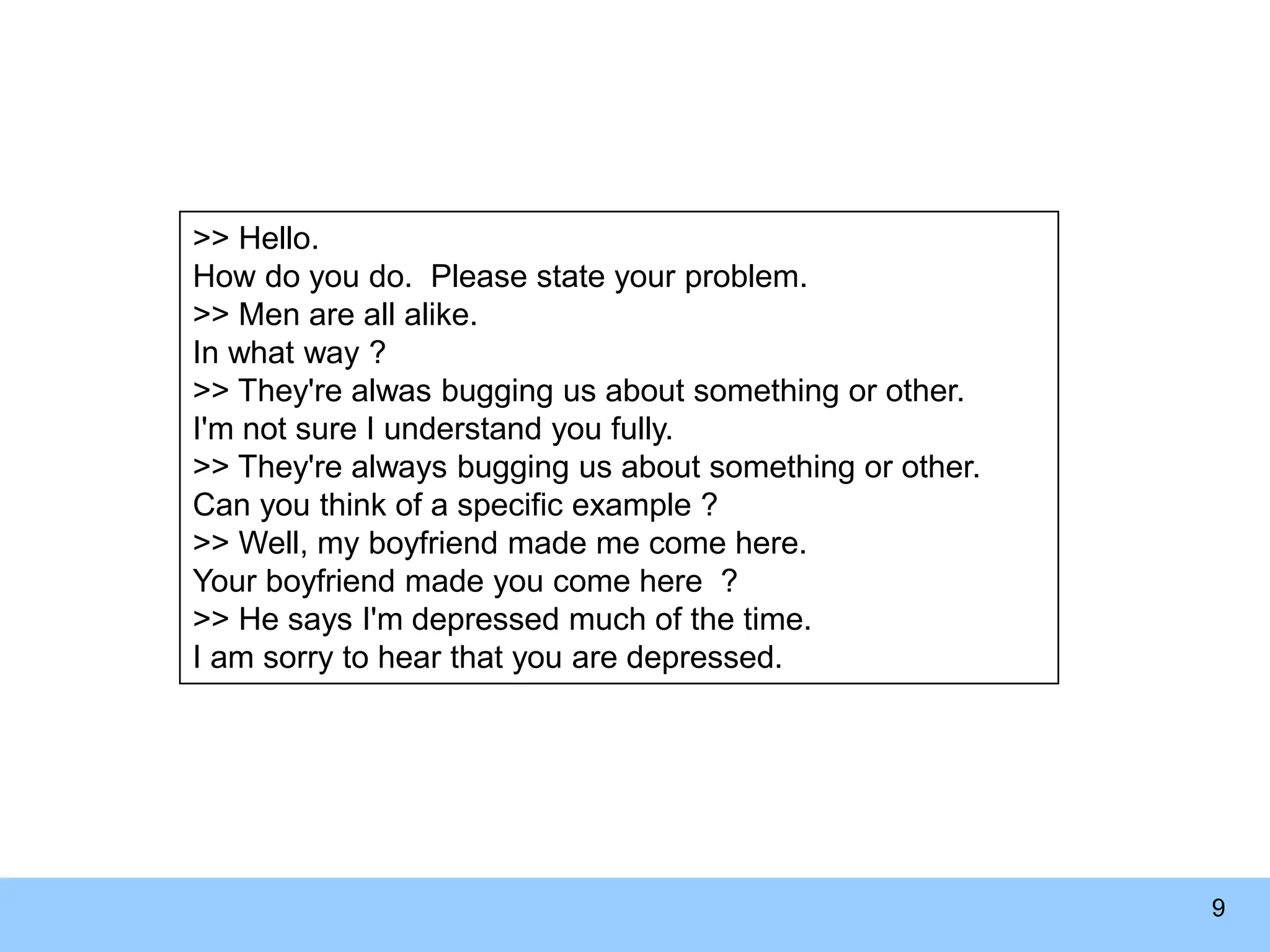 9 >> Hello. How do you do. Please state your problem. >> Men are all alike. In what way ? >> They're alwas bugging us about something or other. I'm not sure I understand you fully. >> They're always bugging us about something or other. Can you think of a specific example ? >> Well, my boyfriend made me come here. Your boyfriend made you come here ? >> He says I'm depressed much of the time. I am sorry to hear that you are depressed. 