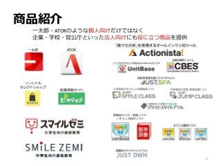 商品紹介
一太郎・ATOKのような個人向けだけではなく
企業・学校・官公庁といった法人向けにも役に立つ商品を提供
4
一太郎 ATOK
ソーシャル
セレクトショップ
転職情報サイト
医療向け入力・変換ソフト
／オフィス統合ソフト
 