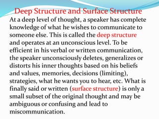Deep Structure and Surface Structure
At a deep level of thought, a speaker has complete
knowledge of what he wishes to communicate to
someone else. This is called the deep structure
and operates at an unconscious level. To be
efficient in his verbal or written communication,
the speaker unconsciously deletes, generalizes or
distorts his inner thoughts based on his beliefs
and values, memories, decisions (limiting),
strategies, what he wants you to hear, etc. What is
finally said or written (surface structure) is only a
small subset of the original thought and may be
ambiguous or confusing and lead to
miscommunication.
 