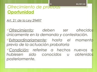 Ofrecimiento de pruebas
Oportunidad
Art. 21 de la Ley 29497
Ofrecimiento: deben ser ofrecidos
únicamente en la demanda y contestación.
Extraordinariamente: hasta el momento
previo de la actuación probatoria
Condición: referirse a hechos nuevos o
hubiesen sido conocidos u obtenidos
posteriormente.
01/07/159
 