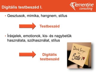 Digitális testbeszéd I.
• Gesztusok, mimika, hangnem, stílus
• Írásjelek, emotionok, kis- és nagybetűk
használata, szóhasználat, stílus
Testbeszéd
Digitális
testbeszéd
 