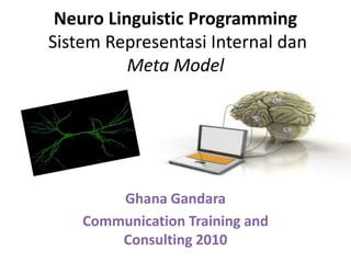 Neuro Linguistic Programming
Sistem Representasi Internal dan
Meta Model

Ghana Gandara
Communication Training and
Consulting 2010

 