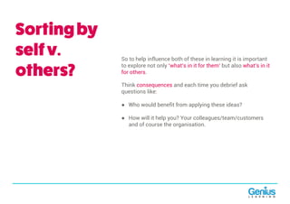 So to help influence both of these in learning it is important
to explore not only ‘what’s in it for them’ but also what’s in it
for others.
Think consequences and each time you debrief ask
questions like:
● Who would benefit from applying these ideas?
● How will it help you? Your colleagues/team/customers
and of course the organisation.
Sortingby
selfv.
others?
 