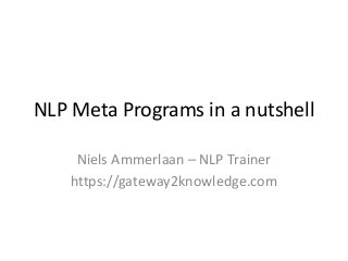 NLP Meta Programs in a nutshell
Niels Ammerlaan – NLP Trainer
https://gateway2knowledge.com

 