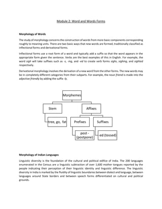 Module 2: Word and Words Forms
Morphology of Words
The study of morphology concerns the construction of words from more basic components corresponding
roughly to meaning units. There are two basic ways that new words are formed, traditionally classified as
inflectional forms and derivational forms.
Inflectional forms use a root form of a word and typically add a suffix so that the word appears in the
appropriate form given the sentence. Verbs are the best examples of this in English. For example, the
word sigh will take suffixes such as -s, -ing, and -ed to create verb forms sighs, sighing, and sighted
respectively.
Derivational morphology involves the derivation of a new word from the other forms. The new words may
be in completely different categories from their subparts. For example, the noun friend is made into the
adjective friendly by adding the suffix -ly.
Morphology of Indian Languages
Linguistic diversity is the foundation of the cultural and political edifice of India. The 200 languages
enumerated in the Census are a linguistic subtraction of over 1,600 mother tongues reported by the
people indicating their perception of their linguistic identity and linguistic difference. The linguistic
diversity in India is marked by the fluidity of linguistic boundaries between dialect and language, between
languages around State borders and between speech forms differentiated on cultural and political
grounds.
Morphemes
Stem
tree, go, fat
Affixes
Prefixes
post -
(postpone)
Suffixes
-ed (tossed)
 