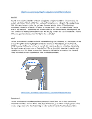http://www.ic.arizona.edu/~lsp/Phonetics/ConsonantsII/Phonetics3c.html
Affricates
“Sounds in whose articulation the airstream is stopped as for a plosive and then released slowly and
partially with friction” (Finch, 1999). There are two affricate phonemes in English: /tʃ/ and /dʒ/. If you
think of the word 'church', notice that you begin the sound with the plosive /t/, but that this is
immediately followed by a fricative /sh/ sound. In the case of /dʒ/, think of the word 'judge'. Say the
letter 'd' and the letter 'j' alternatively one after the other. Do you notice that they both begin with the
same formation of the tongue? The difference is that the /dʒ/ sound in the 'j' is extended with a fricative
/sh/ sound again to make sound out the '-dge' in the word 'judge'.
Nasals
“Sounds in whose articulation the airstream is diverted through the nasal cavity as a consequence of the
passage through the oral cavity being blocked by the lowering of the soft palate, or velum” (Finch,
1999). Try saying the following out loud to yourself: 'tell me a story'. Can you notice how dramatically
the sound changes when you come to the /m/ of 'me'? The airflow, which is passing through the oral
cavity for the rest of this phrase, is at this point diverted by the lowering of the velum into the nasal
cavity. You can see a useful diagram of the nasal sound formation here:
http://www.ic.arizona.edu/~lsp/Phonetics/ConsonantsII/Phonetics3e.html
Approximants
“Sounds in whose articulation two speech organs approach each other and air flows continuously
between them without friction” (Finch, 1999). If you think of the /l/ sound, for example, you can sense
how the tongue tip touches the alveolar ridge in order to allow the air to flow laterally around the
 