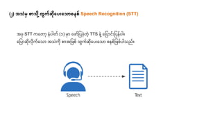 (၂) အသံမ စာသို ေ့ထွေက်ဆိုတ ားတသာစနစ် Speech Recognition (STT)
ခ STT ကရ ေ့ ံပါ (၁) ိ ရြ မြစပခွဲေ့ ွဲေ့ TTS ွဲ ေ့ရမြစပ ငေးမြစပ ပါ။
ရမြစပ လကရသ သံက ုး မြစြုး ထက ရပေးရသ ုး ုးမြစြုးပါသည။
 